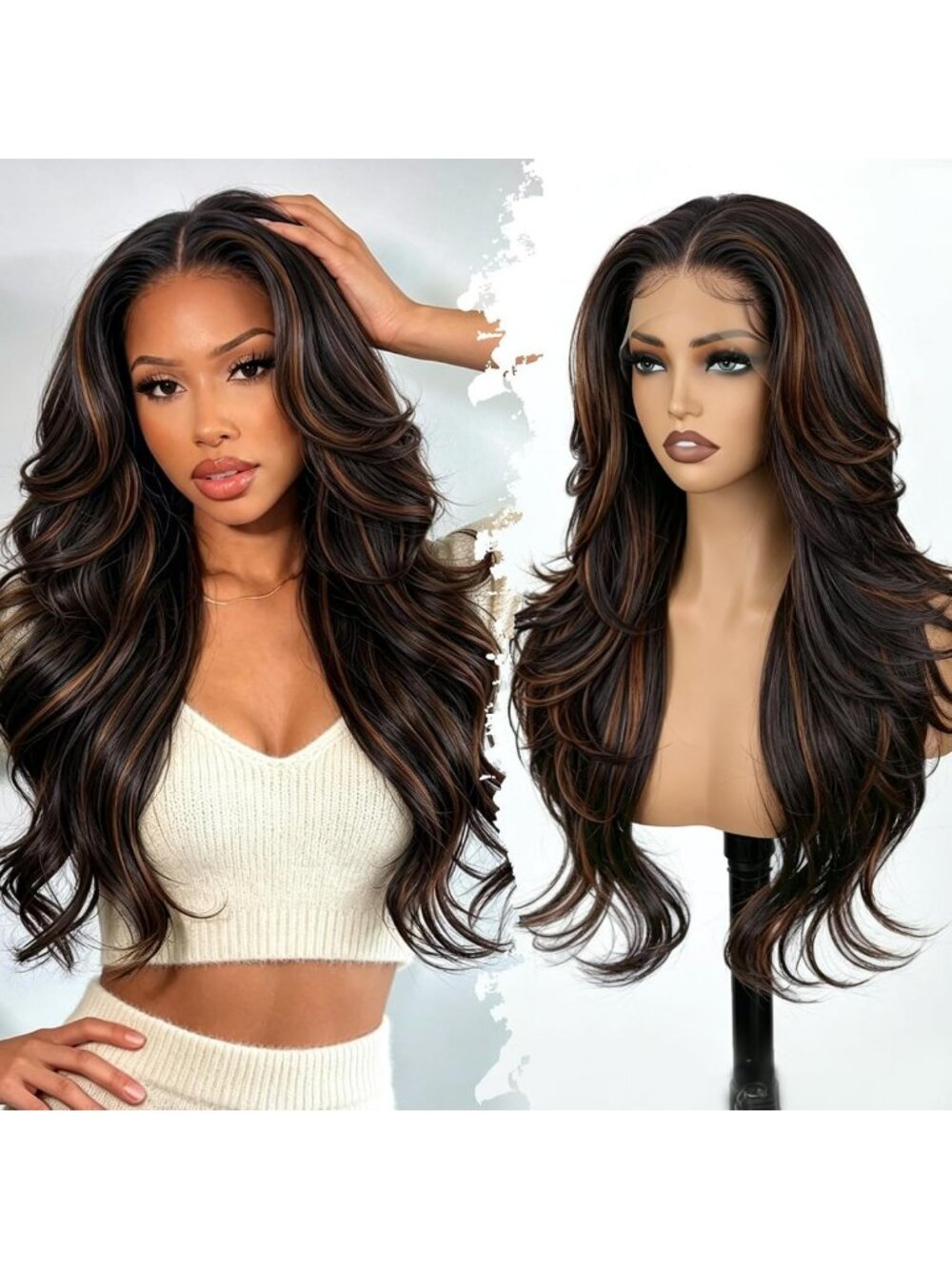 Brown Highlight 13x4 Lace Front Wig - Feathered Layered Style for Women